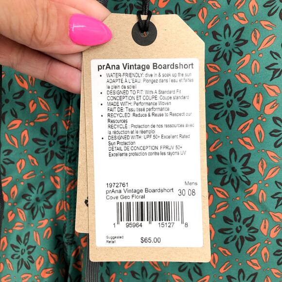 PRANA Men's Vintage Boardshort Size 30 Green Cove Geo Floral 8" Inseam Swim NWT - Picture 9 of 9